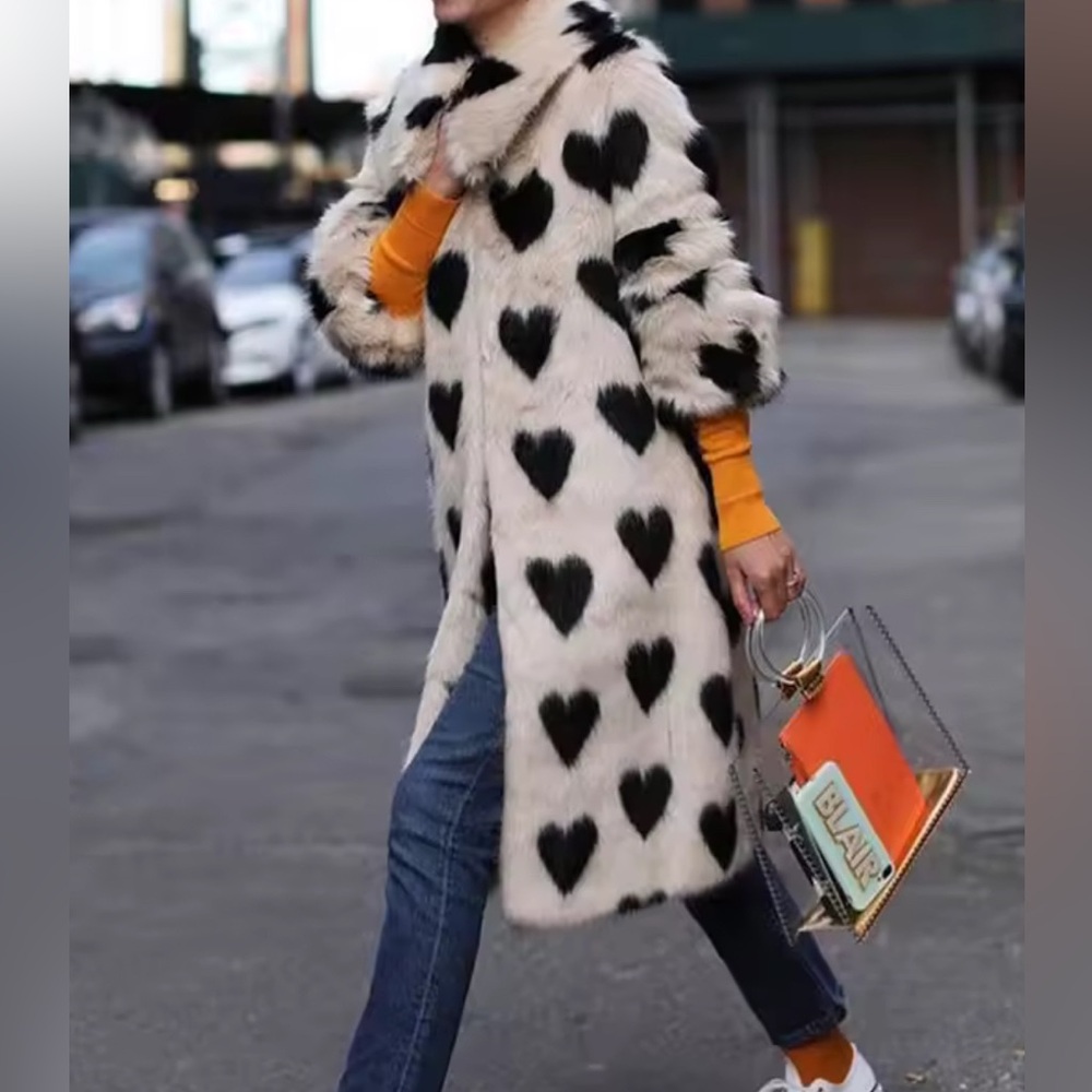 NEW Retail $ 168 All Hearts Patterned Faux Rabbit Fur Coat Midi Jacket
